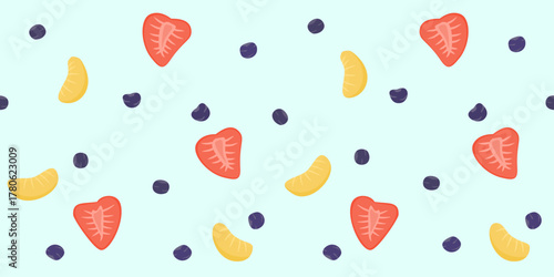 seamless fruit pattern with strawberries, blueberries, and orange slices scattered on a soft background. Fresh, playful, and perfect for textiles, packaging.