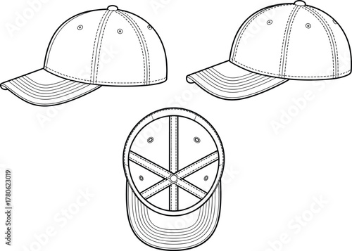 Six panel baseball cap template with curved brim, multiple view technical fashion flat illustration