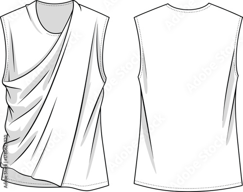 Women's draped sleeveless top with asymmetric detail, front and back view technical fashion flat