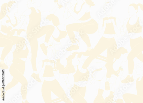 soft pastel fitness themed vector background featuring faint silhouettes of people exercising, stretching.