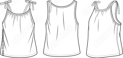 Women's gathered cami top with tie shoulder straps, multiple view technical fashion flat sketch