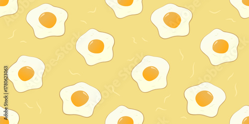 seamless pattern featuring cute fried eggs scattered across a light background. Fun and playful design ideal for kitchen textiles, packaging.