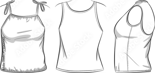 Women's ruffle trim cami top with tie straps, multiple view technical fashion flat sketch