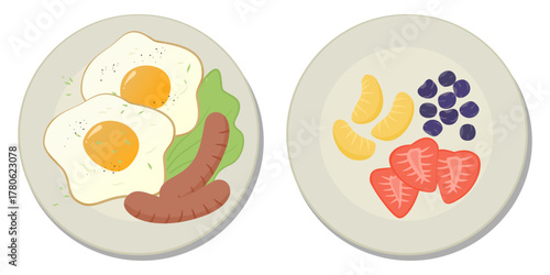 two breakfast plates: one featuring fried eggs, sausage, and vegetables, and the other containing fresh fruit slices including strawberries, oranges, and blueberries