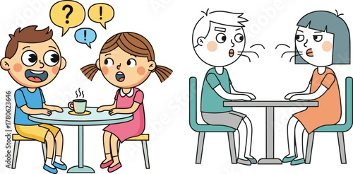Cartoon children sitting at table talking, communication and social interaction concept, expressive kids conversation illustration, vector art with emotions