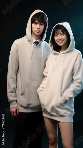 A stylish young couple in matching light-colored hoodies poses against a dark background, shifting focus from close-up to full-length shot