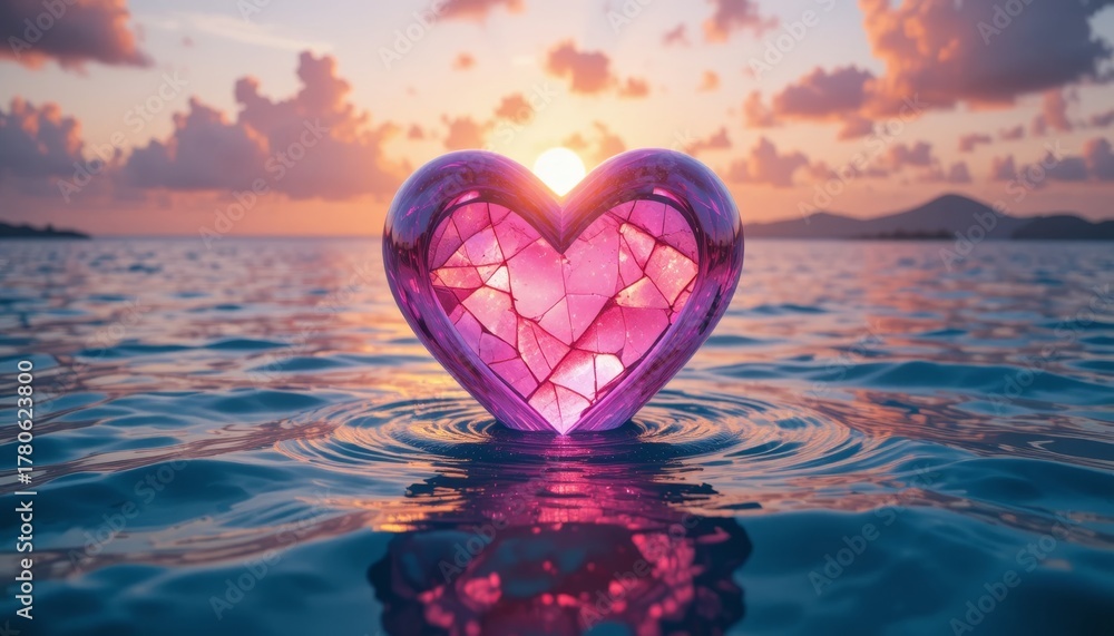 Fototapeta premium A beautiful crystal pink heart-shaped floating Over Vibrant Ocean – Glowing Pink Sky and Tropical Paradise Atmosphere