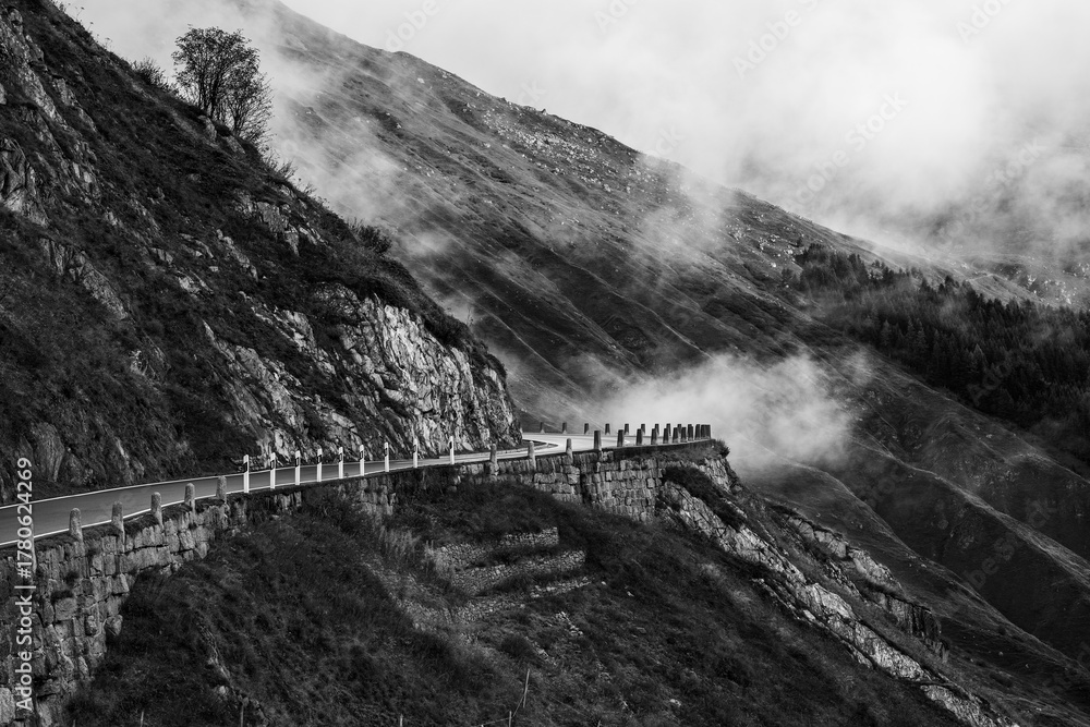 Fototapeta premium Panoramic view of the Furka Pass, the mountain road in the Swiss Alps.