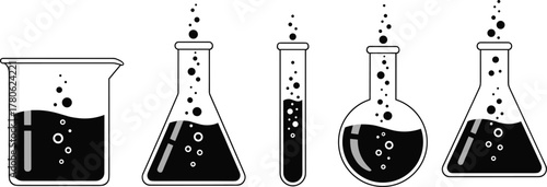 Laboratory Glassware with Bubbling Reactions – Beaker, Flasks, and Test Tube Illustrating Chemical Activity in Scientific Experiment Setup