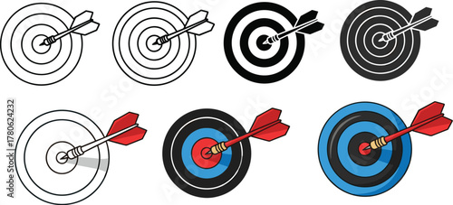 Dart Hitting Bullseye Icons – Seven Graphic Styles of Target Accuracy for Games, Goals, Success, and Precision Visual Themes
