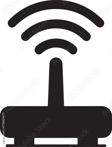 Wi-Fi router silhouette emitting strong network signal, wireless connection concept vector.