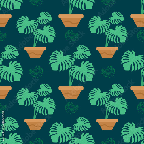 Seamless Pattern of Potted Monstera Deliciosa Leaves on Dark Background