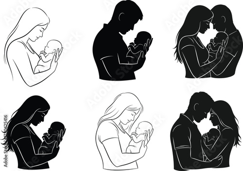 Stylized parent and baby silhouette set, black vector illustration, emotional bonding, nurturing care, family love, artistic parenting concept