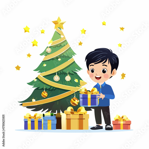 Christmas Joy: A young child radiates excitement as he prepares presents under a beautifully decorated christmas tree, filled with anticipation for the festivities. 