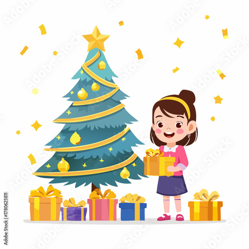 Christmas joy: A little girl, full of joy and excitement, admires her Christmas gifts beneath the radiant glow of a Christmas tree adorned with ornaments.