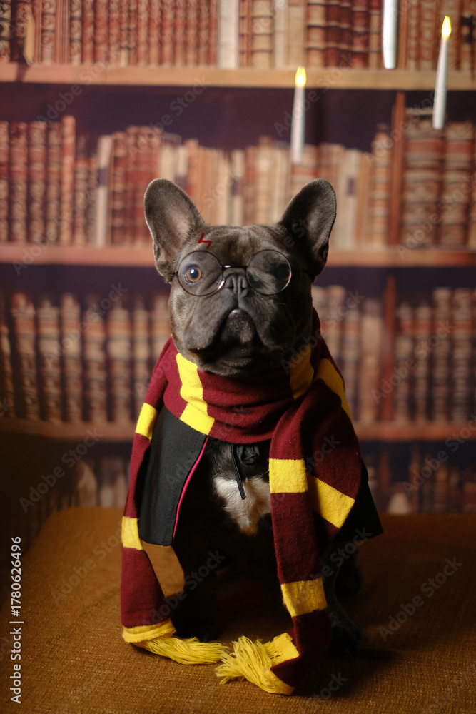 Fototapeta premium A charming bulldog in a scarf and glasses. A funny dog in a carnival costume.