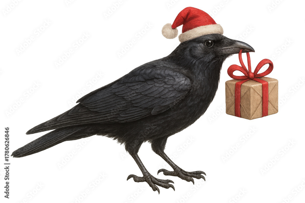 Fototapeta premium Black crow wearing a santa hat and holding a christmas gift, bringing holiday season greetings