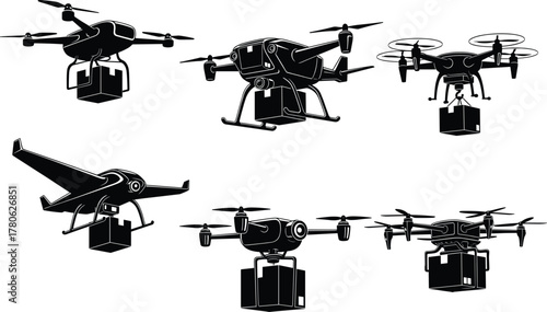 Delivery drone silhouette set, black vector illustration, package transport technology, aerial logistics, multi-rotor UAV, fixed-wing drone concept