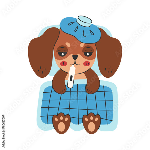 Sick Dog with Thermometer and Ice Pack. Adorable Cartoon Dachshund Puppy Illness. Pet lying under a blanket. Flat Vector illustration for vet clinic, health care, or pet Disease concept.