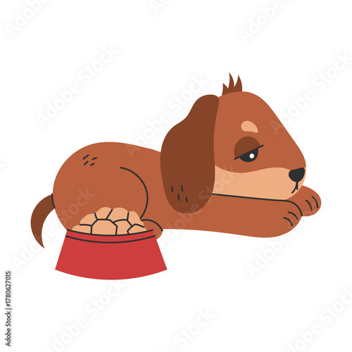 Sick Dog Refusing to Eat. Sad dachshund puppy lying near bowl with food. Hand drawn Flat hand drawn vector illustration