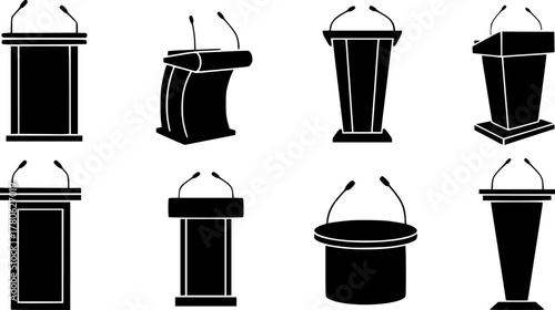 black and white illustrations of different podium designs with attached microphones, variety of shapes