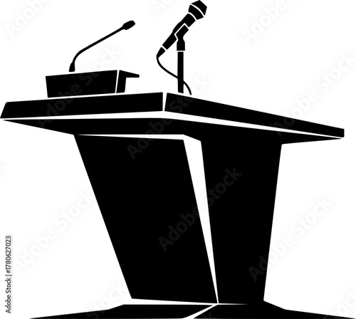 black and white illustrations of different podium designs with attached microphones, variety of shapes