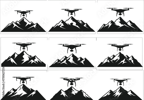 Drone flying over mountain landscape, black silhouette set, quadcopter vector illustration, aerial exploration, rugged terrain, nature surveillance concept