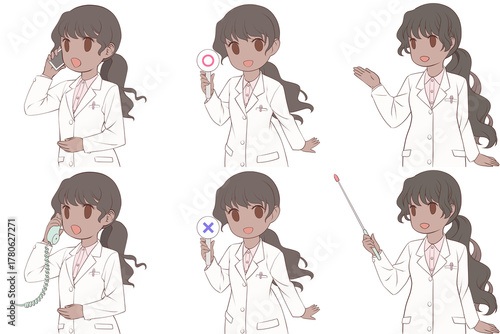電話をかける、マルバツ棒を持つ、案内する若い女性薬剤師。白衣を着た女性のクリップアート6点セット