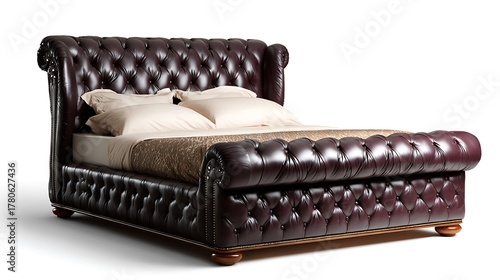 Elegant brown leather chesterfield bed isolated on white background