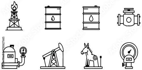 Oil Industry Icons, Set Of Drill Rig Barrel And Pipeline Symbols For Energy Design Project Management And Petroleum Applications

