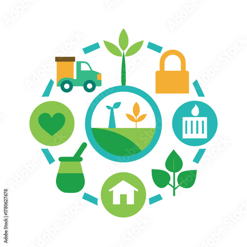 Sustainable living and community icons in a circular arrangement Keywords: sustainability, living, community, icons, truck, lock, heart, mortar
