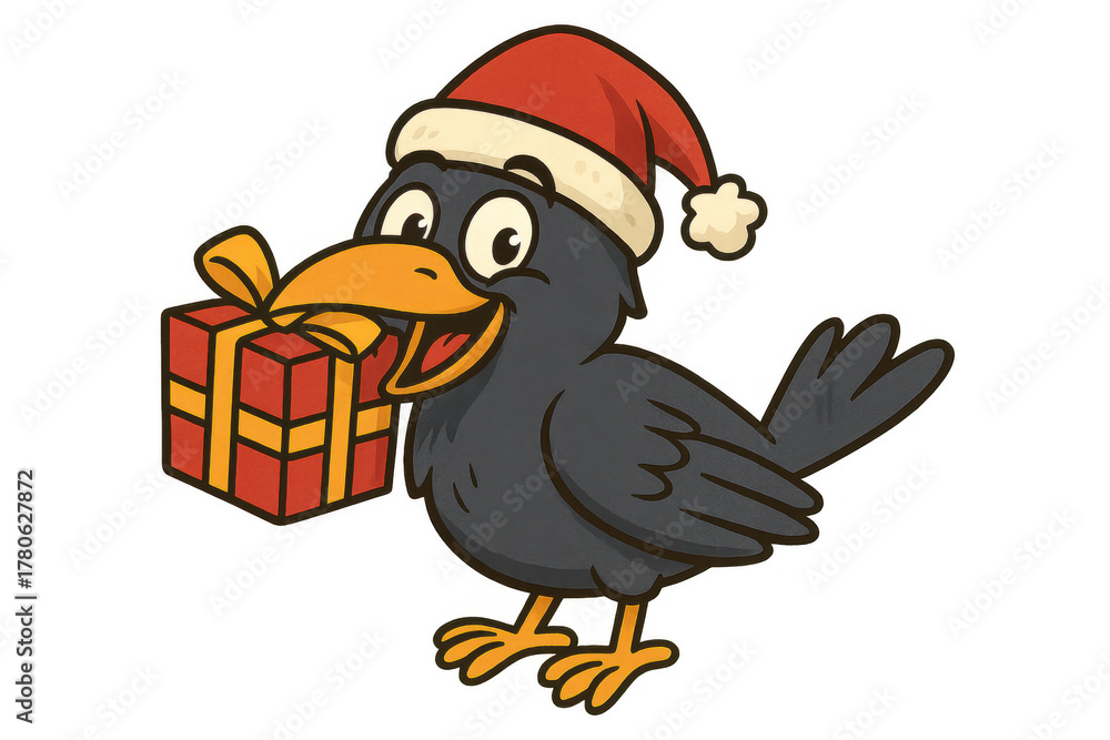 Obraz premium Festive crow delivering a christmas present, wearing a santa hat and bringing holiday cheer, transparent background