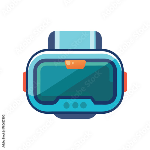 Top view of a blue and orange virtual reality headset with reflective screen on white background Keywords: VR headset, virtual reality, goggles