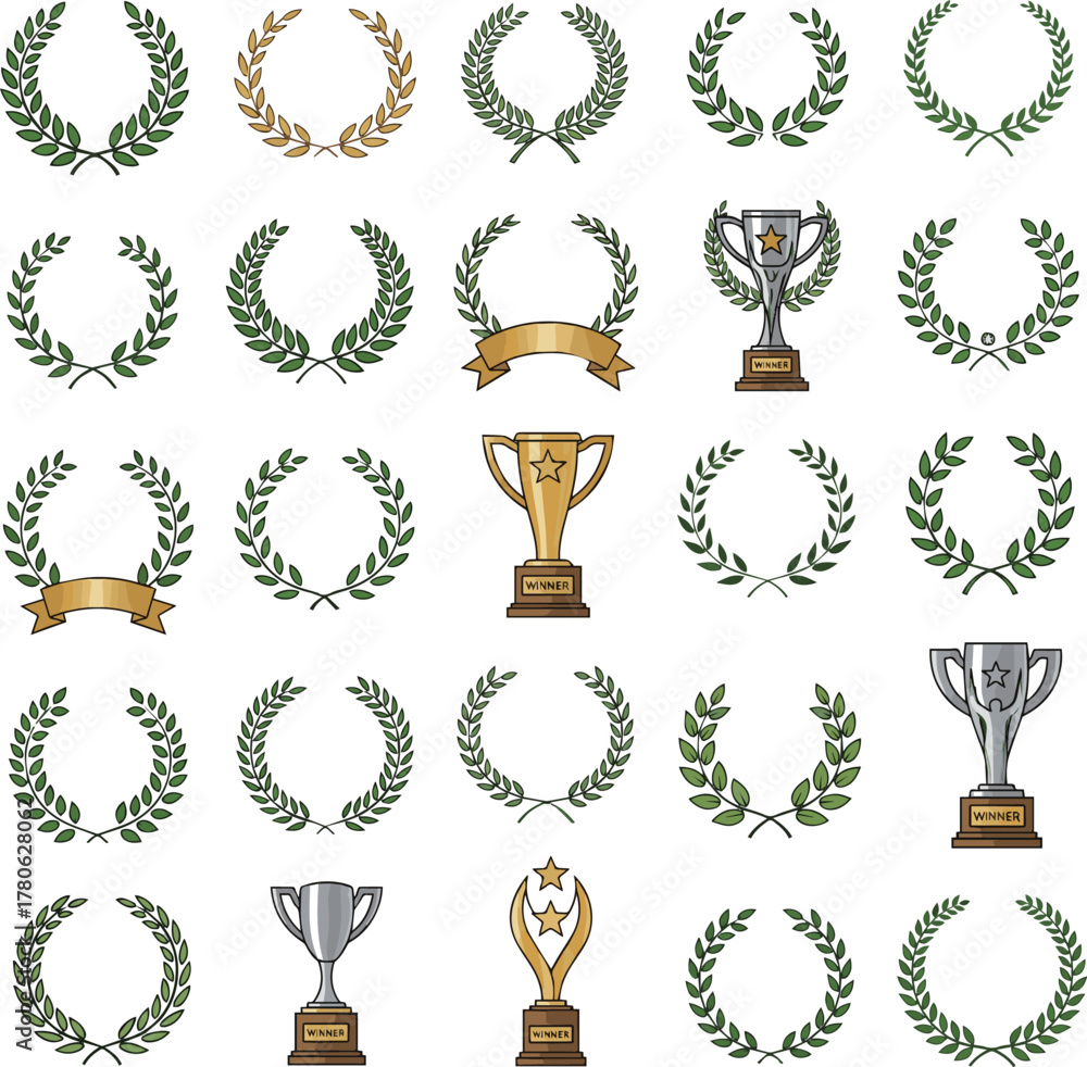 Φωτογραφία Create a kinds of deferent Laurel and winner trophy simple vector icon illustration material vector art with white background