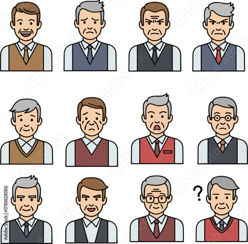 Create a kinds of deferent Facial expression icon set of middle-aged men wearing vests vector art with white background..