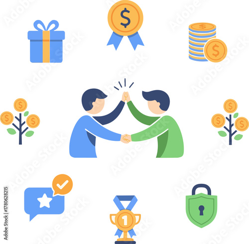 Create a kinds of deferent Simple vector icon illustration material for friend referral benefits vector art with white background..