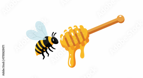 Bee Approaching Honey Dipper with Dripping Honey.