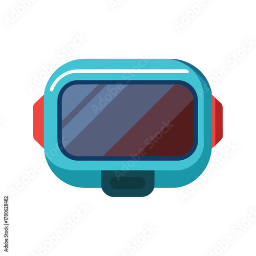 Blue and red virtual reality headset with reflective screen on white background Keywords: VR headset, virtual reality, goggles, technology