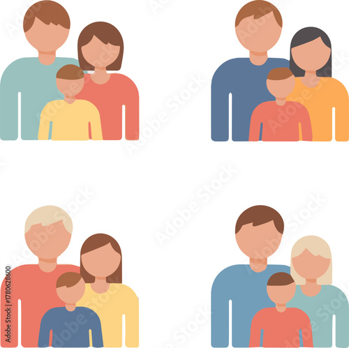 Create a kinds of deferent Simple vector illustration of a family of three vector art with white background.