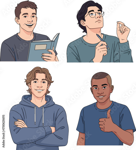 Create a kinds of deferent Simple vector illustration of a satisfied male student vector art with white background..