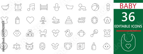 A cute and versatile icon set depicting baby and toddler life moments. Ideal for nursery designs, baby products, apps and websites.