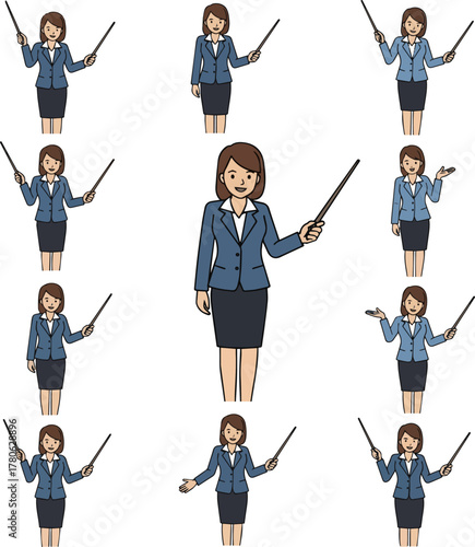 Create a kinds of deferent Simple vector illustration of a woman in a suit explaining with a pointer vector art with white background..