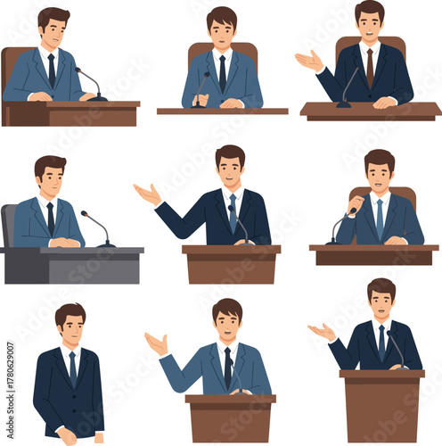 Create a kinds of deferent Simple vector illustration of a young businessman conducting a hearing vector art with white background.
