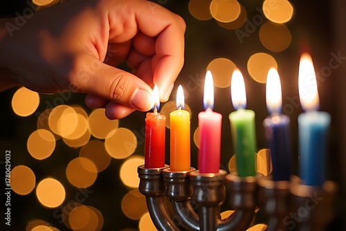 Hand lighting the colorful candles of a menorah for hanukkah celebration