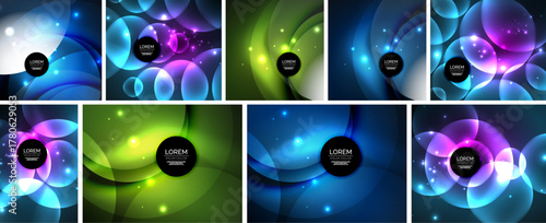 Abstract backgrounds showcase vibrant colors, flowing shapes, luminous circles. Designs suggest energy, movement, modern aesthetics.