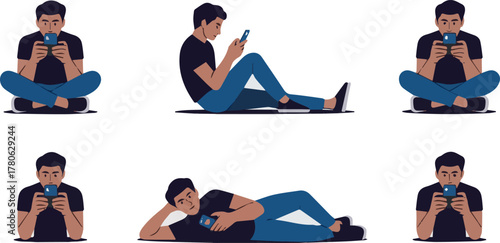 Create a kinds of deferent Simple vector illustration of a young man watching a video on a smartphone vector art with white background.