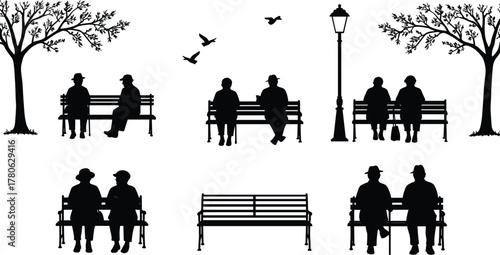 Silhouette people sitting on park benches, urban outdoor leisure, trees and streetlamp, birds flying sky, lifestyle illustration, community gathering, relaxation, nature scene, symmetry design
