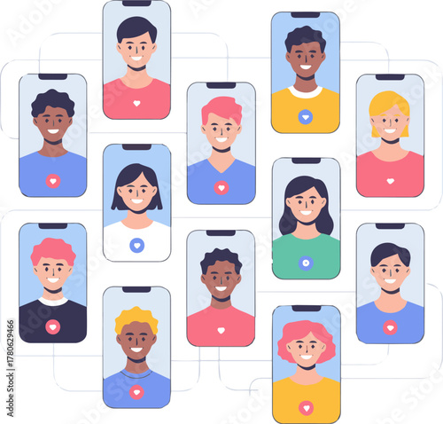 Create a kinds of deferent Simple vector illustration of young men and women making video calls on a matching app vector art with white background.