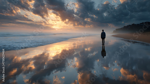 Person standing on shore gazing at self reflection in gentle waves 