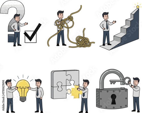  Create a kinds of deferent Simple vector illustration set of a young man who solved his problems vector art with white background..